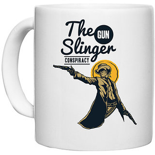                       UDNAG White Ceramic Coffee / Tea Mug 'Wild wild west | the gun slinger conspiracy' Perfect for Gifting [330ml]                                              