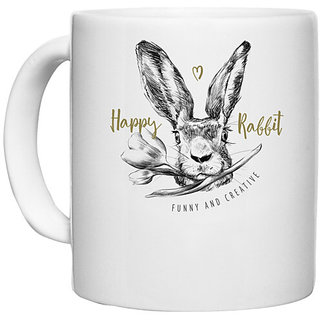                       UDNAG White Ceramic Coffee / Tea Mug 'Happy | Happy Rabbit' Perfect for Gifting [330ml]                                              