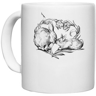                       UDNAG White Ceramic Coffee / Tea Mug 'Rabbit | Rabbit and love' Perfect for Gifting [330ml]                                              