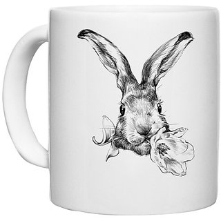                       UDNAG White Ceramic Coffee / Tea Mug 'Rabbit and Flower' Perfect for Gifting [330ml]                                              
