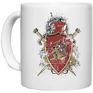                       UDNAG White Ceramic Coffee / Tea Mug 'Logo | Lion Family crest vintage' Perfect for Gifting [330ml]                                              