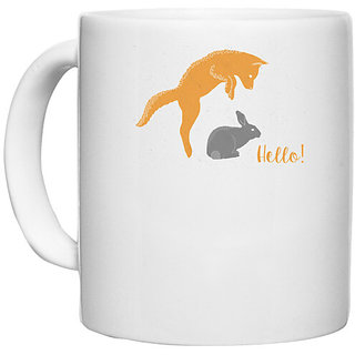                       UDNAG White Ceramic Coffee / Tea Mug 'Cartoon | Hello' Perfect for Gifting [330ml]                                              