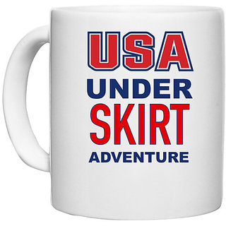                       UDNAG White Ceramic Coffee / Tea Mug 'USA | USA under SKIRT adventure' Perfect for Gifting [330ml]                                              