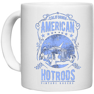                       UDNAG White Ceramic Coffee / Tea Mug 'USA | American Hotrods' Perfect for Gifting [330ml]                                              