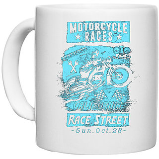                       UDNAG White Ceramic Coffee / Tea Mug 'Motorcycle | Motorcycle Race Street' Perfect for Gifting [330ml]                                              