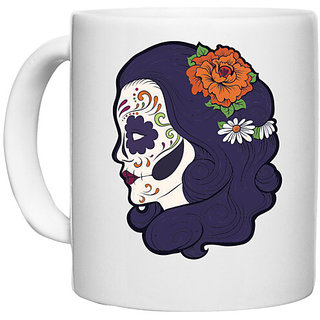                      UDNAG White Ceramic Coffee / Tea Mug 'Zombie Illustration | Female Zombie and Flower Blue' Perfect for Gifting [330ml]                                              