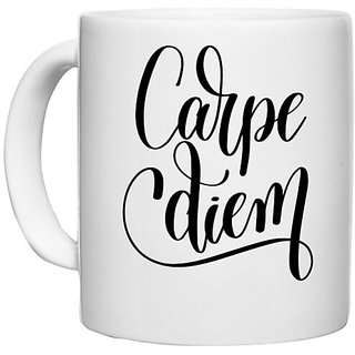                       UDNAG White Ceramic Coffee / Tea Mug 'Calligraphy | Carpe Diem' Perfect for Gifting [330ml]                                              