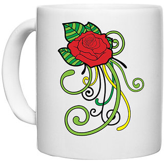                       UDNAG White Ceramic Coffee / Tea Mug 'Flower | Red Flower and leaf' Perfect for Gifting [330ml]                                              
