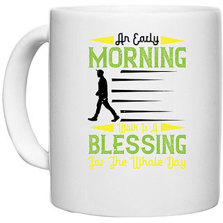                       UDNAG White Ceramic Coffee / Tea Mug 'Walking | An early morning' Perfect for Gifting [330ml]                                              