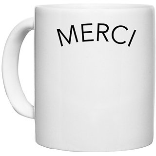                       UDNAG White Ceramic Coffee / Tea Mug 'MERCI' Perfect for Gifting [330ml]                                              