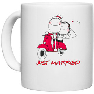                       UDNAG White Ceramic Coffee / Tea Mug 'Couple | Just Married couple on red scooter' Perfect for Gifting [330ml]                                              