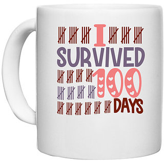                       UDNAG White Ceramic Coffee / Tea Mug '100 Days | i survived 100 days' Perfect for Gifting [330ml]                                              