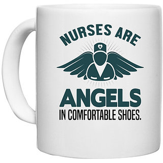                       UDNAG White Ceramic Coffee / Tea Mug 'Nurse | Nurses are angles in comfortable shoes' Perfect for Gifting [330ml]                                              
