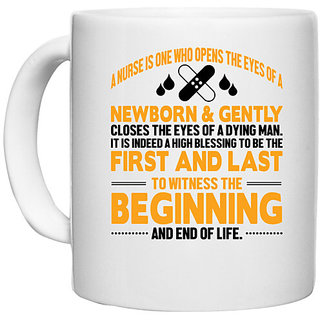                       UDNAG White Ceramic Coffee / Tea Mug 'Nurse | First and last beginning and end of life' Perfect for Gifting [330ml]                                              