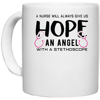                       UDNAG White Ceramic Coffee / Tea Mug 'Nurse | Hope and angel with the stethoscope' Perfect for Gifting [330ml]                                              
