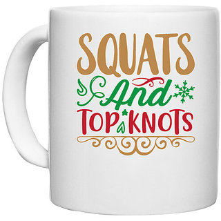                       UDNAG White Ceramic Coffee / Tea Mug 'SQUATS And TOP KNOTS' Perfect for Gifting [330ml]                                              