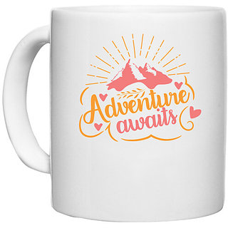 UDNAG White Ceramic Coffee / Tea Mug 'Mountains | Adventure Awaits' Perfect for Gifting [330ml]
