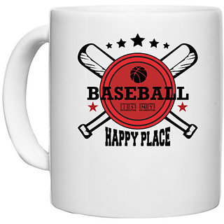                      UDNAG White Ceramic Coffee / Tea Mug 'Baseball | BASEBALL IS MY HAPPY PLACE' Perfect for Gifting [330ml]                                              