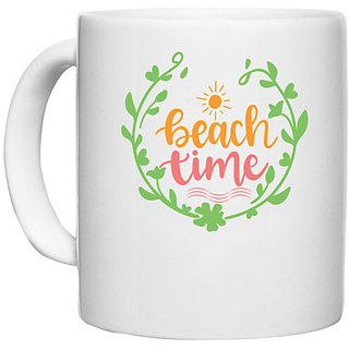                       UDNAG White Ceramic Coffee / Tea Mug 'Beach | beach time' Perfect for Gifting [330ml]                                              