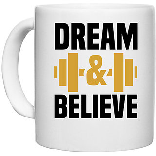                       UDNAG White Ceramic Coffee / Tea Mug 'Gym | Dream &' Perfect for Gifting [330ml]                                              