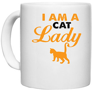                       UDNAG White Ceramic Coffee / Tea Mug 'Cat | I am a cat lady' Perfect for Gifting [330ml]                                              