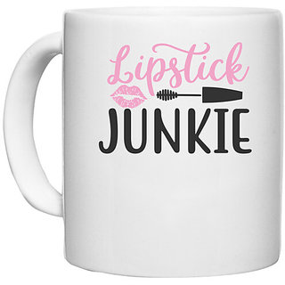                       UDNAG White Ceramic Coffee / Tea Mug 'Makeup | lipstick junkie' Perfect for Gifting [330ml]                                              