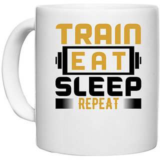                       UDNAG White Ceramic Coffee / Tea Mug 'Life cycle | Train eat' Perfect for Gifting [330ml]                                              