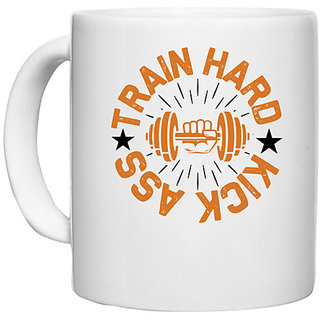                       UDNAG White Ceramic Coffee / Tea Mug 'Gym | Train hard kick' Perfect for Gifting [330ml]                                              