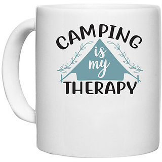                       UDNAG White Ceramic Coffee / Tea Mug 'Camping | Camping is my therapy 2' Perfect for Gifting [330ml]                                              