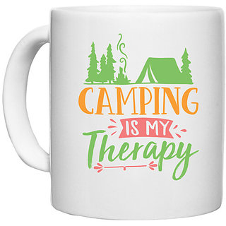                       UDNAG White Ceramic Coffee / Tea Mug 'Camping | camping is my therapy' Perfect for Gifting [330ml]                                              