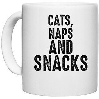                       UDNAG White Ceramic Coffee / Tea Mug 'Cat | CATS, NAPS AND SNACKS-2' Perfect for Gifting [330ml]                                              