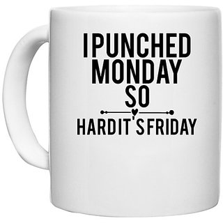                       UDNAG White Ceramic Coffee / Tea Mug 'Monday | i punched monday so hard it's friday' Perfect for Gifting [330ml]                                              