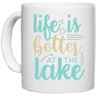                       UDNAG White Ceramic Coffee / Tea Mug 'Lake | life is better at the lake' Perfect for Gifting [330ml]                                              