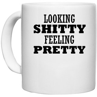                       UDNAG White Ceramic Coffee / Tea Mug 'Pretty | LOOKING' Perfect for Gifting [330ml]                                              