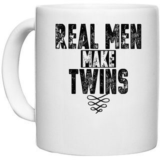                       UDNAG White Ceramic Coffee / Tea Mug 'Twins | REAL MEN MAKE TWINS' Perfect for Gifting [330ml]                                              