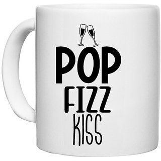                       UDNAG White Ceramic Coffee / Tea Mug 'Wine | Pop fizz kiss' Perfect for Gifting [330ml]                                              