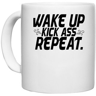                       UDNAG White Ceramic Coffee / Tea Mug 'Wakeup | wake up kick ass repeat' Perfect for Gifting [330ml]                                              