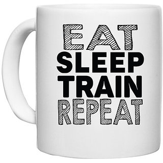                       UDNAG White Ceramic Coffee / Tea Mug 'Train, gym | eat sleep train repeat' Perfect for Gifting [330ml]                                              