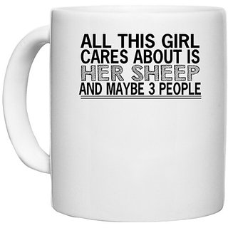                       UDNAG White Ceramic Coffee / Tea Mug 'Sheep | all this girl cares about is' Perfect for Gifting [330ml]                                              