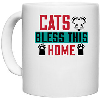                       UDNAG White Ceramic Coffee / Tea Mug 'Cat | ats bless this home' Perfect for Gifting [330ml]                                              