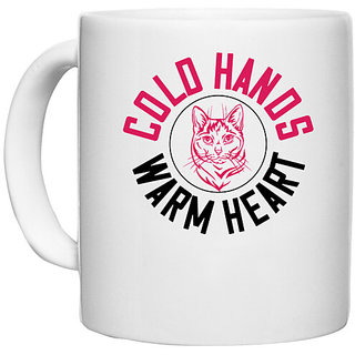                       UDNAG White Ceramic Coffee / Tea Mug 'Cat | cold hands warm heart' Perfect for Gifting [330ml]                                              