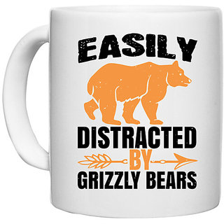                       UDNAG White Ceramic Coffee / Tea Mug 'Bear | easily distracted by grizzly bears' Perfect for Gifting [330ml]                                              