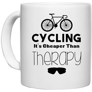                      UDNAG White Ceramic Coffee / Tea Mug 'Cycling | ycling it's Cheaper' Perfect for Gifting [330ml]                                              