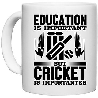                       UDNAG White Ceramic Coffee / Tea Mug 'Cricket | Education is' Perfect for Gifting [330ml]                                              