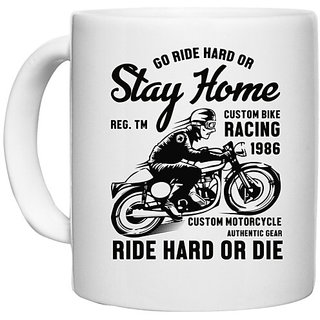                       UDNAG White Ceramic Coffee / Tea Mug 'Rider | Go ride hard' Perfect for Gifting [330ml]                                              