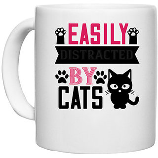                       UDNAG White Ceramic Coffee / Tea Mug 'Cat | easily distracted by cats' Perfect for Gifting [330ml]                                              