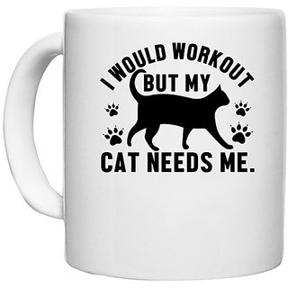                       UDNAG White Ceramic Coffee / Tea Mug 'Cat | I would workout' Perfect for Gifting [330ml]                                              