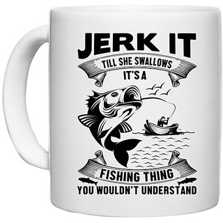 UDNAG White Ceramic Coffee / Tea Mug 'Fishing | Jerk it' Perfect for Gifting [330ml]