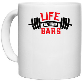                       UDNAG White Ceramic Coffee / Tea Mug 'Gym Hardwork | Life Behind Bars' Perfect for Gifting [330ml]                                              