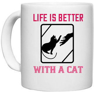                       UDNAG White Ceramic Coffee / Tea Mug 'Cat | life is better with cat 01' Perfect for Gifting [330ml]                                              